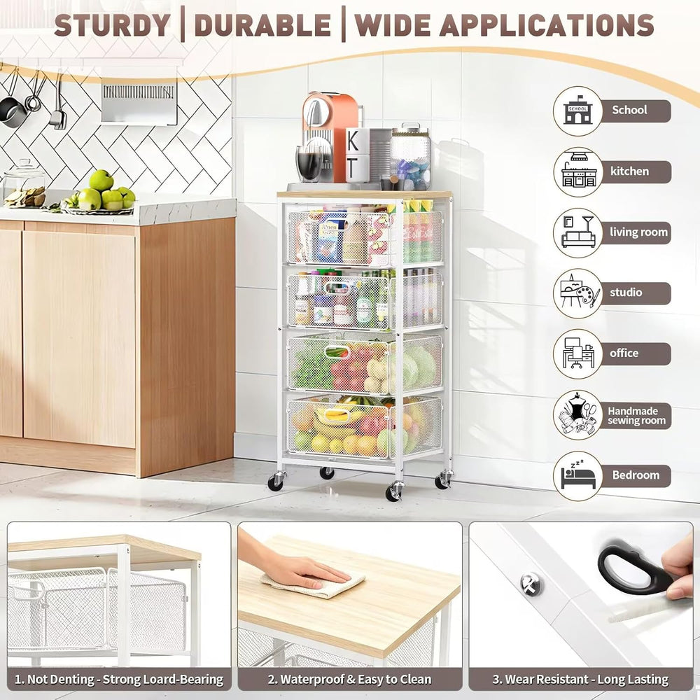 Kitchen Storage Cart with Drawers,Metal Snack Cart Organizer,White
