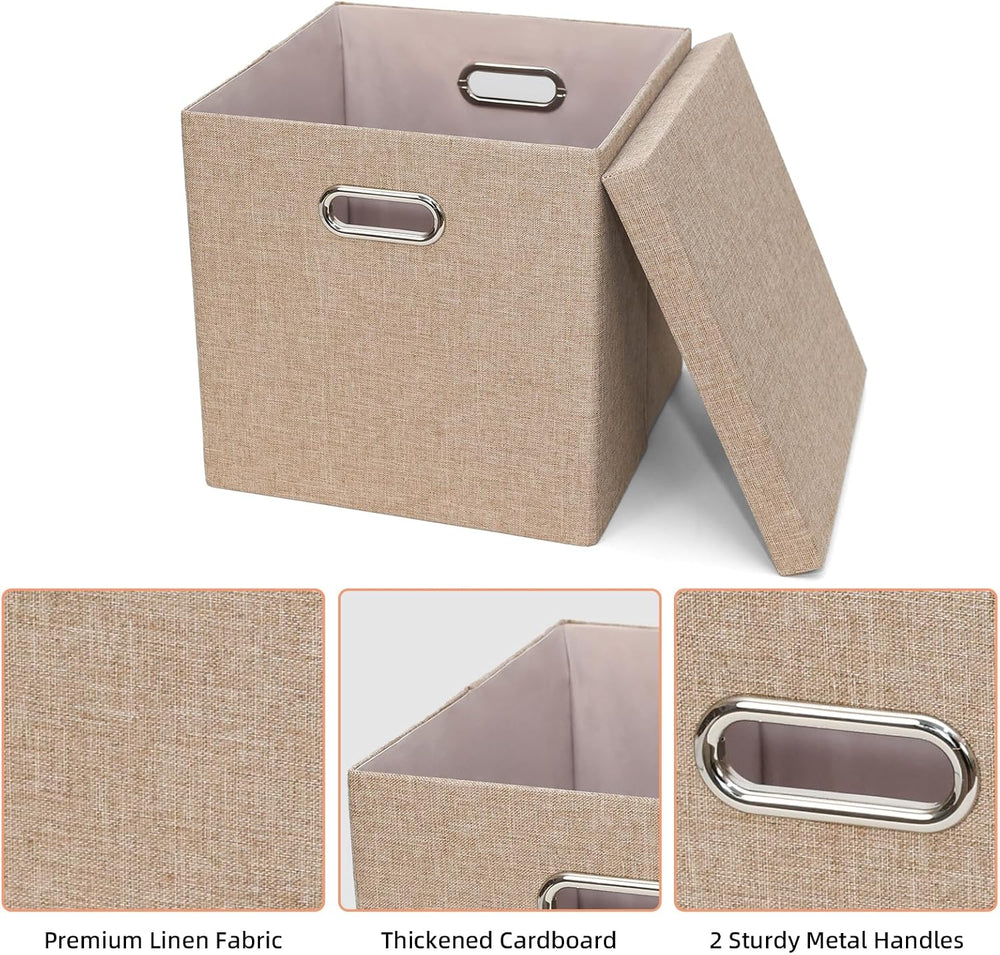 Storage Bins with Lids, Linen Fabric Boxes Organizer Containers with Lid Fold...