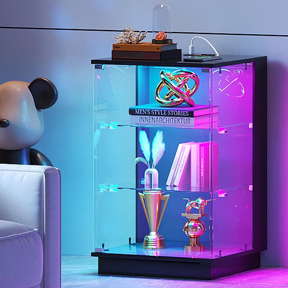 HNEBC Glass Display Cabinet with USB Charging Station&LED Lights,Black