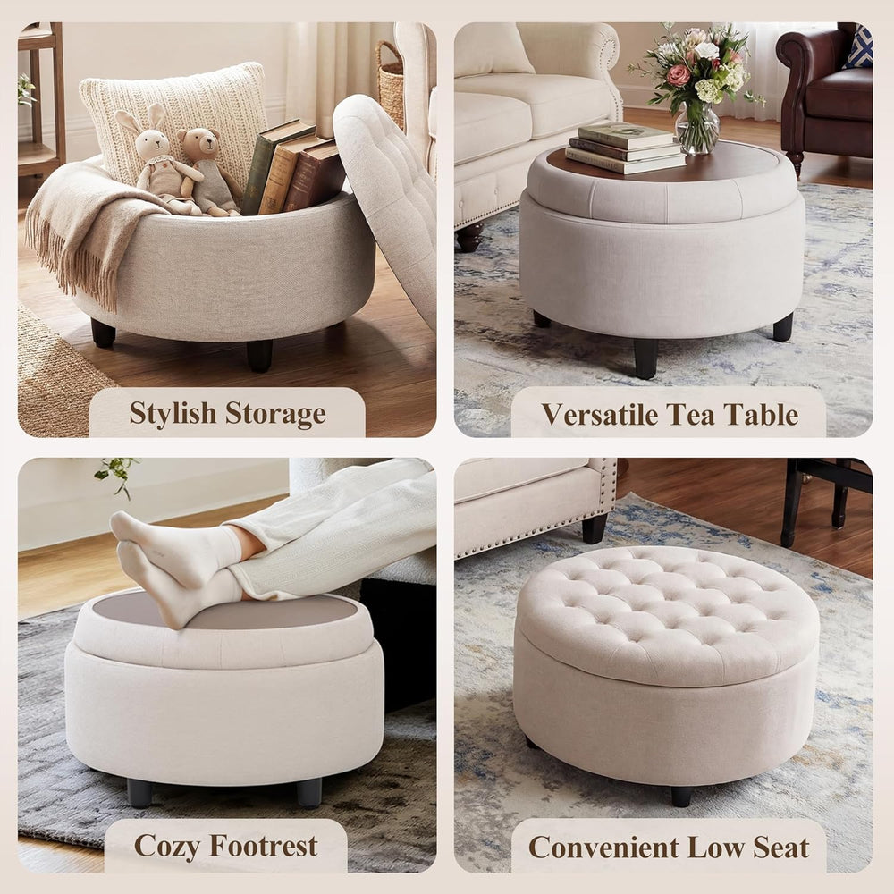 COLAMY Fabric Round Storage Ottoman with Reversible Tray Lid – Multi-Function...