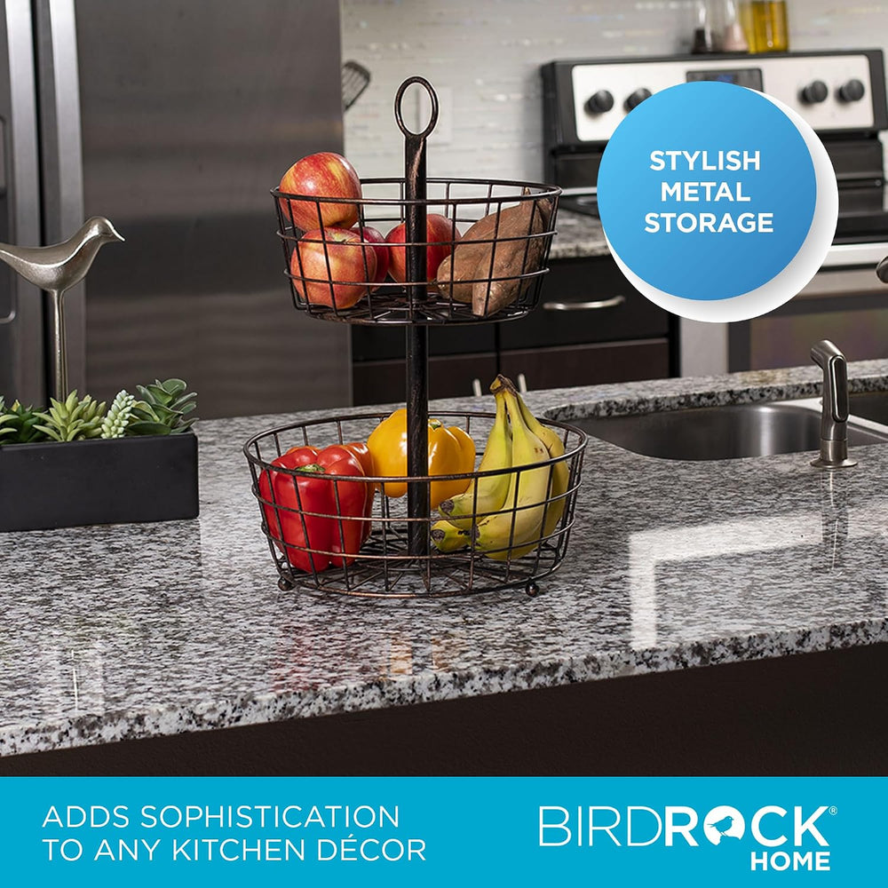 BIRDROCK HOME 2 Tier Wire Fruit Basket | Round Metal Standing Baskets | Fruit...