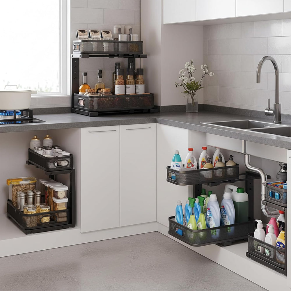 2 Pack Under Sink Organizer, Dual-Layer Pull Out Mesh Cabinet Rack with 5-Lev...