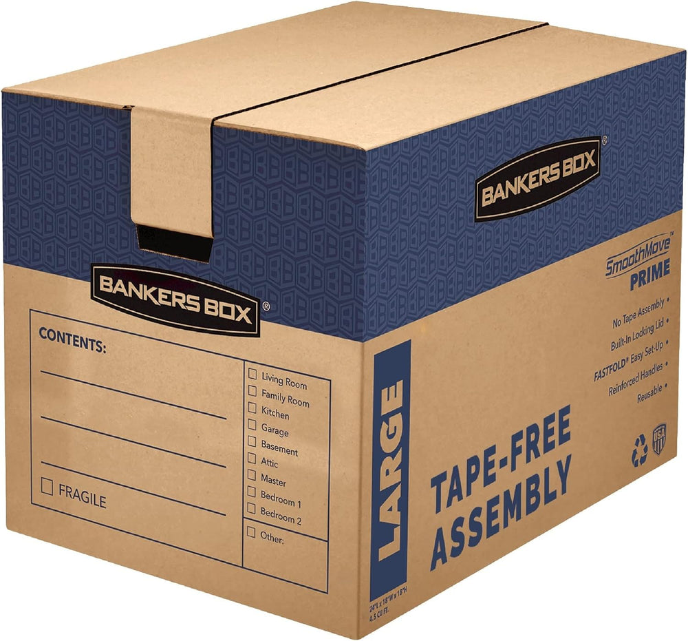 Bankers Box Large Prime Moving Box 6 Pack, Reinforced Handles, Tape-Free Asse...