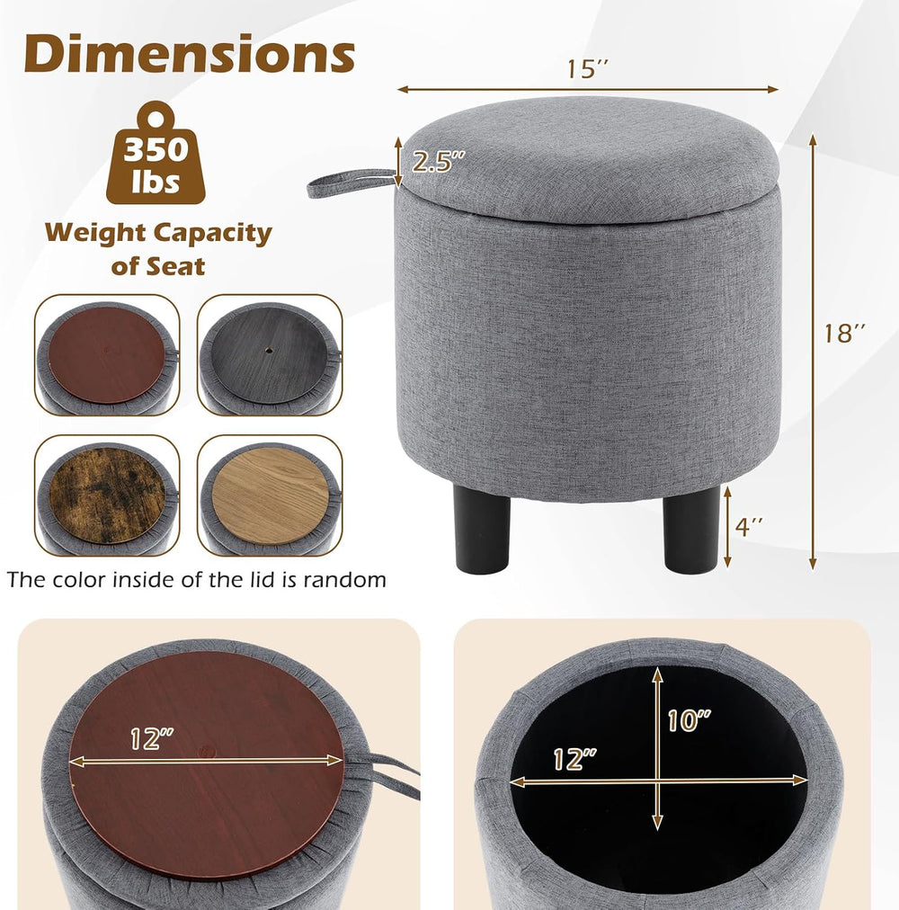 GIANTEX Linen Fabric Round Storage Ottoman with Removable Lid, Gray
