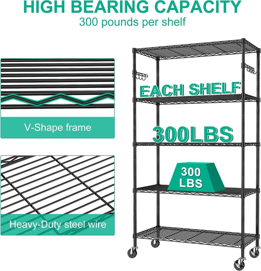 Folews 5-Tier Rolling Storage Shelf with Wheels, Metal Wire Shelving Unit