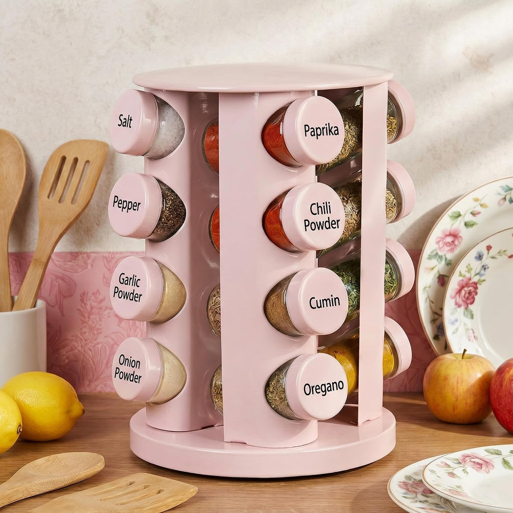 Yungyan Pink Rotating Spice Rack with 16 Empty Jars and Labels