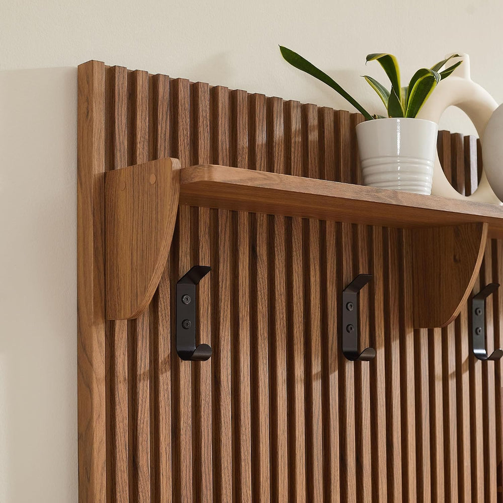 Modway Render Modern Fluted Wood Coat Rack Panel in Walnut with Shelf and Hoo...