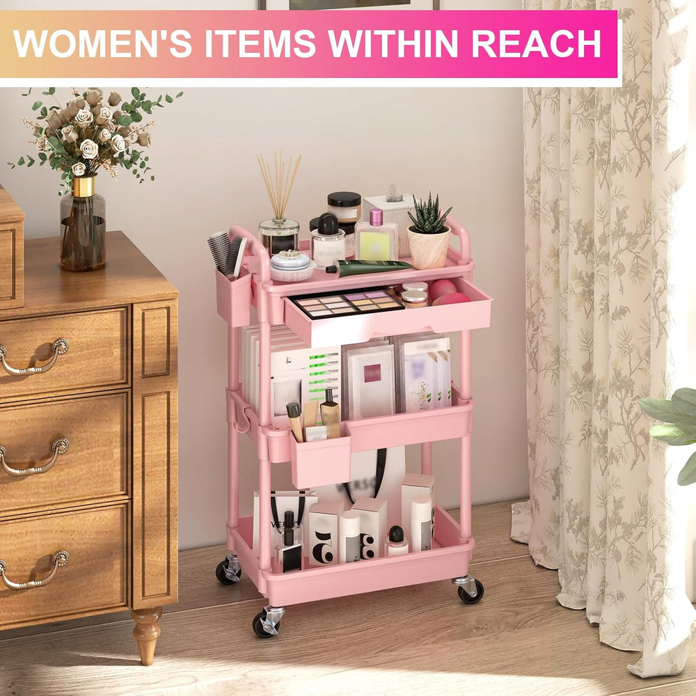 3 Tier Rolling Utility Cart Organizer with Removable Drawer, Pink