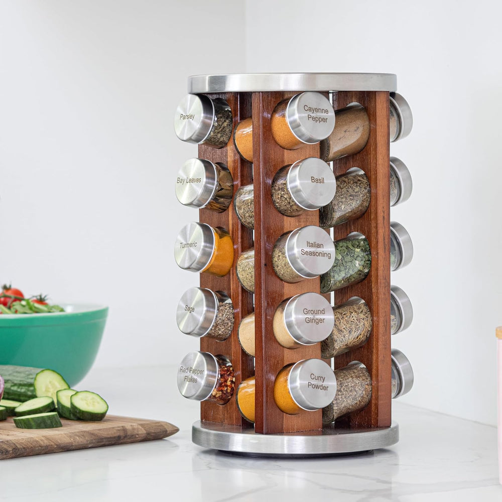 Orii 20 Jar Rotating Dark Acacia Wood Spice Rack with Spices Included & 5...