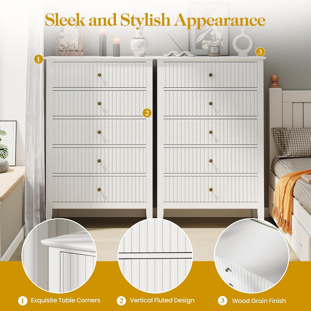 RoyalCraft White Fluted 5 Drawer Dresser for Bedroom, Tall Chest of Drawers, ...