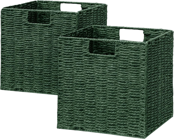 Vagusicc Wicker Storage Basket, Set of 2 Hand-Woven Paper Rope Wicker Baskets, Foldable Cube Storage Bins, Square Storage Baskets for Organizing Shelves & Decor, Green (11″×11″×11″)