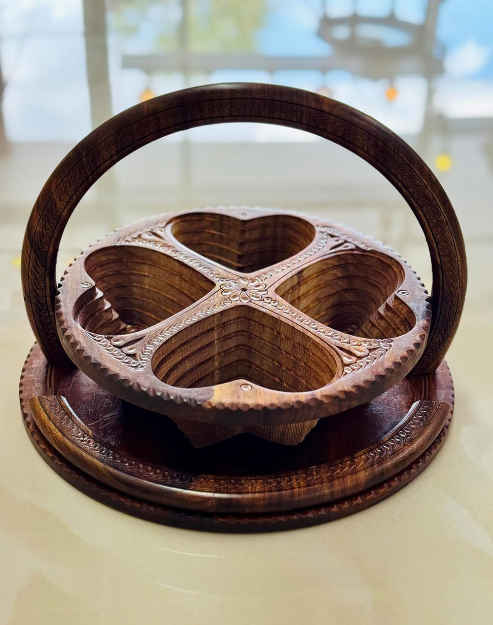 Handmade 14″ Collapsible Wooden Basket, 4-Compartment Heart Design in Himalay...