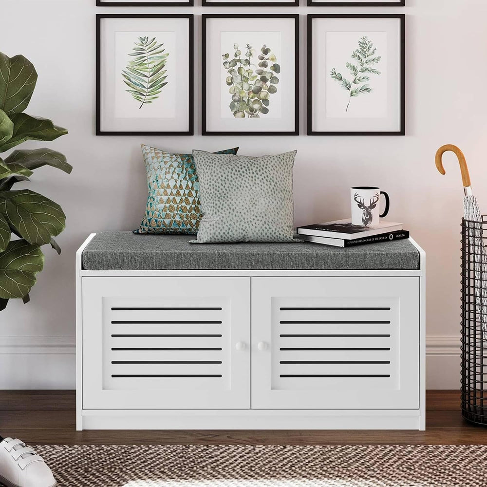 Sturdis - Shoe Storage Bench - Adjustable Shelves & Cushion Seat, White