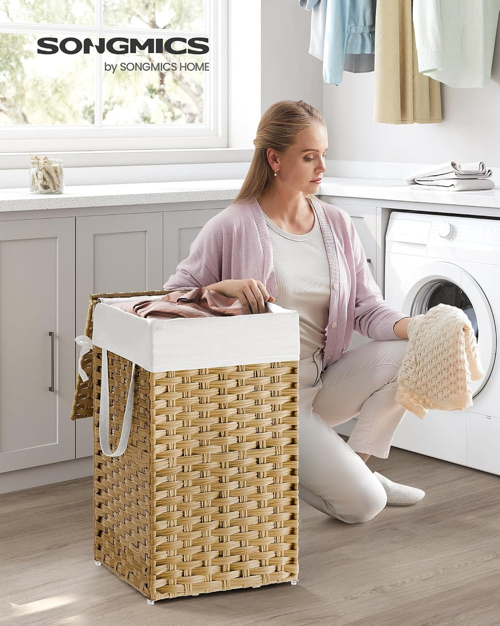 SONGMICS Laundry Hamper with Lid, 17.2 Gallon (65 L) Synthetic Rattan Clothes...