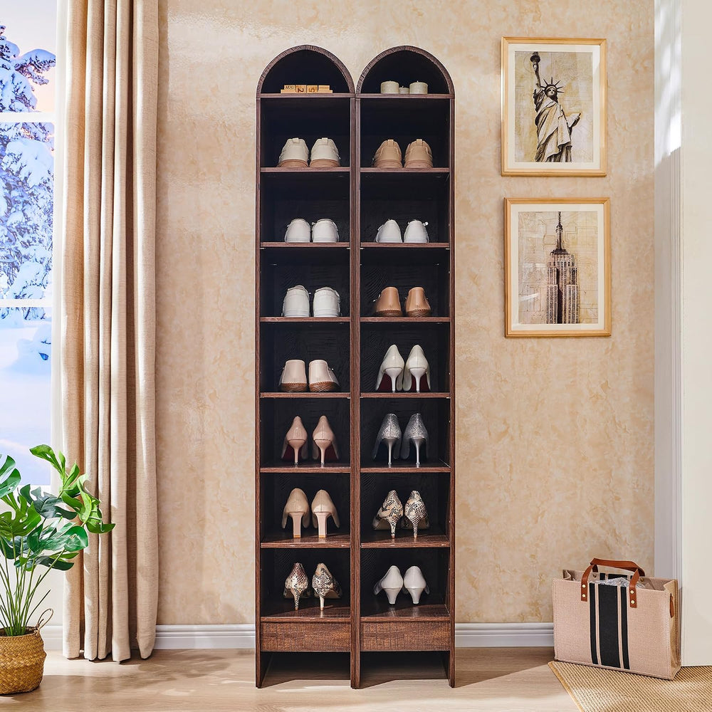 IFGET 67" Tall Arched Shoe Storage Cabinet, 8 Tiers Shoe Rack-Brown