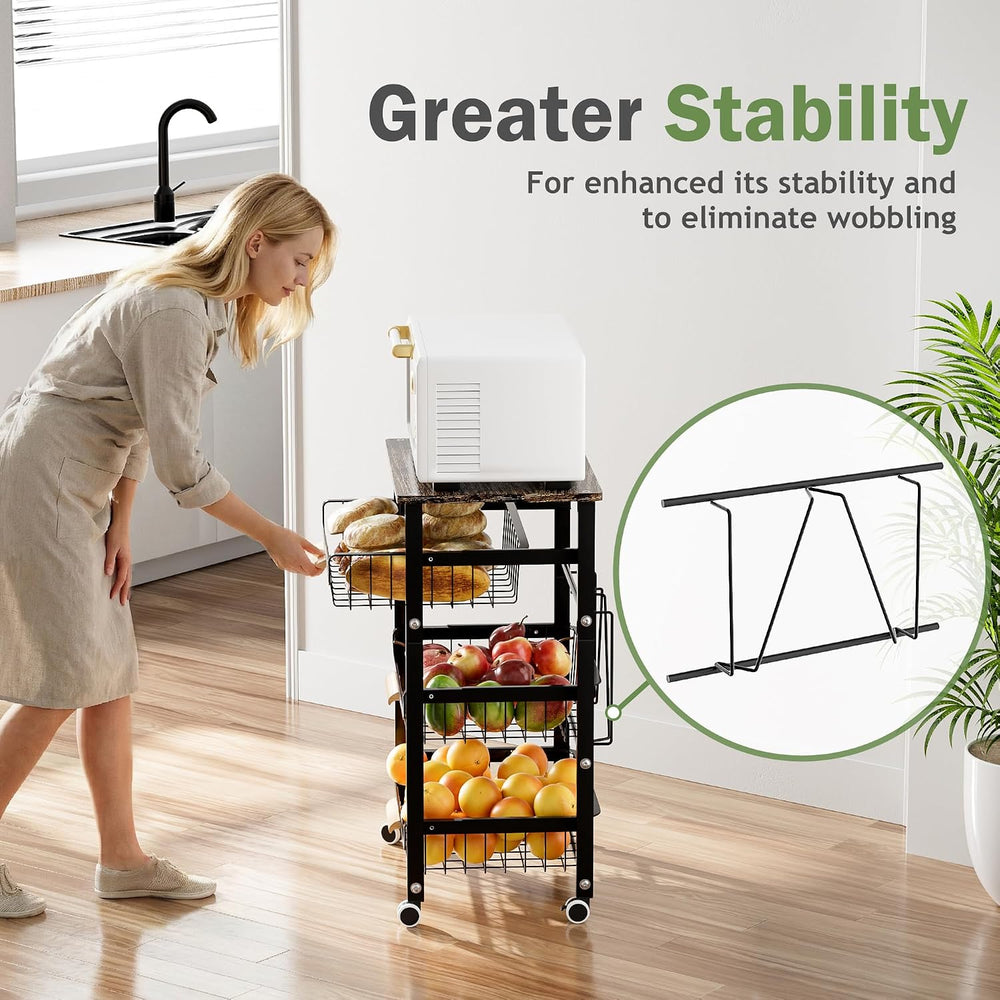 JAQ Fruit Vegetables Carts, 4-Tier Slide Out Metal Storage Baskets Stand Orga...