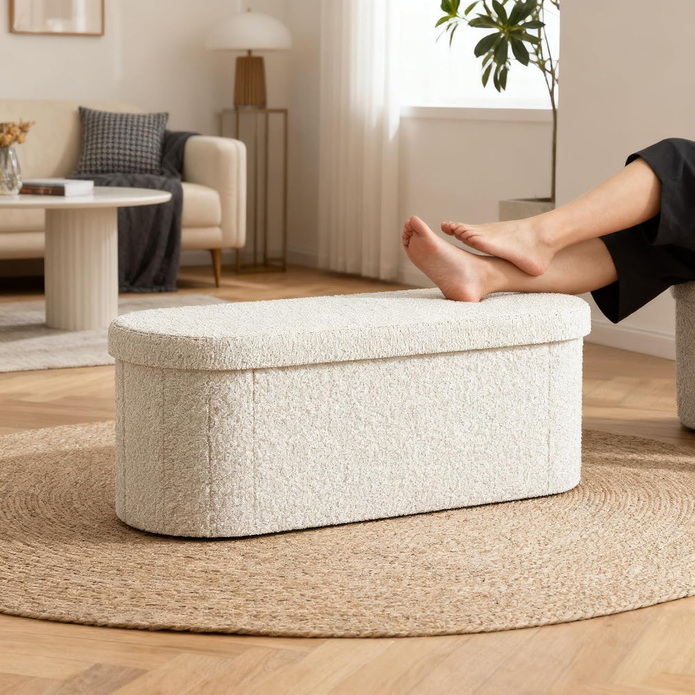 GLAXYFUR Oval Ottoman with Storage for Living Room, Sherpa Bench, Beige