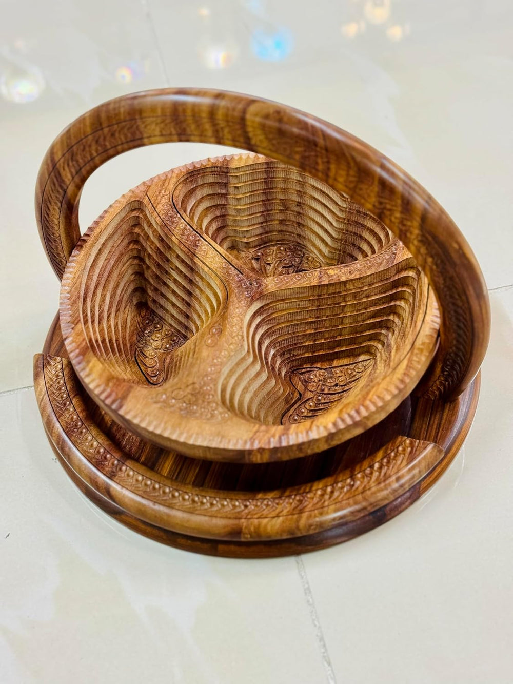 Handmade 12″ Collapsible Wooden Basket, 3-Compartment Angel Wings Design in H...