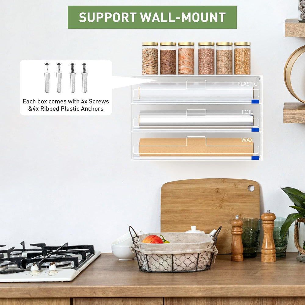 3 in 1 Clear Acrylic Foil, Plastic Wrap Organizer with Cutter
