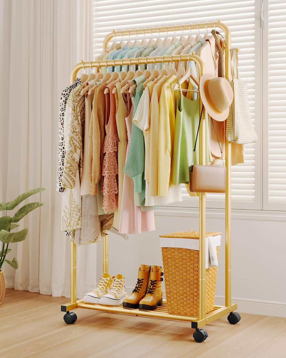 Sakugi Double Rod Clothes Rack Mesh Shelf & Hooks, 28.7x16.5x59.1, Gold