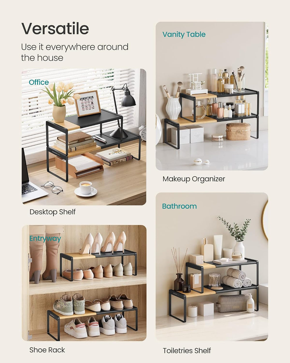SONGMICS HOME Spice Rack, Expandable Cupboard Shelf Orgnizer,Bamboo