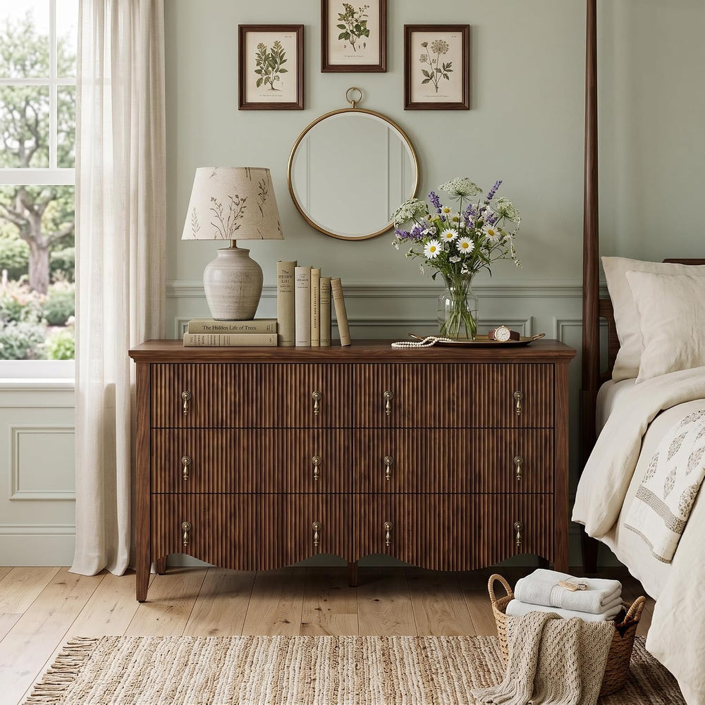 FUSUNBAO 6-Drawer Fluted Dresser, 52" Wide Double Chest of Drawers,Walnut