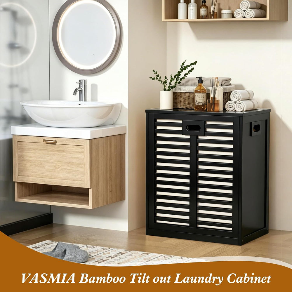 VASMIA Tilt Out Laundry Hamper, Bamboo Laundry Cabinet with Hidden Removable ...