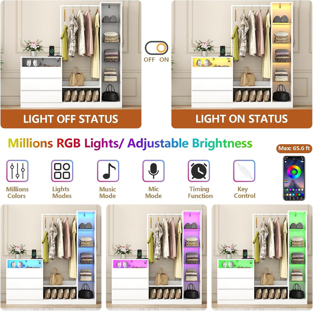 Dresser with Hanging Rack, 3 Drawers Dresser with Charging Station & LED
