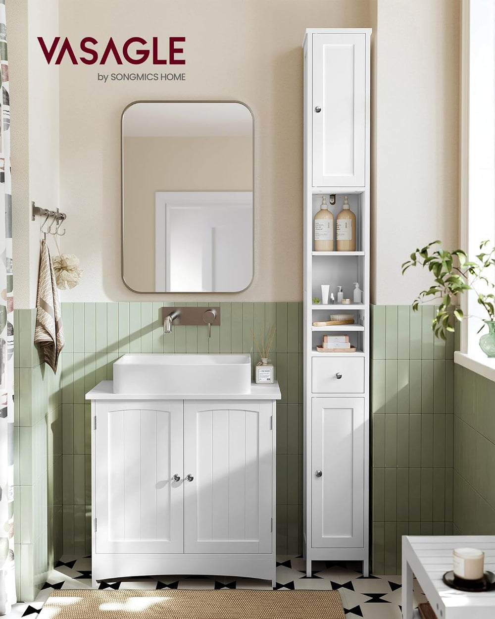 VASAGLE Tall Bathroom Cabinet, Slim Freestanding, Drawer, Open Compartments