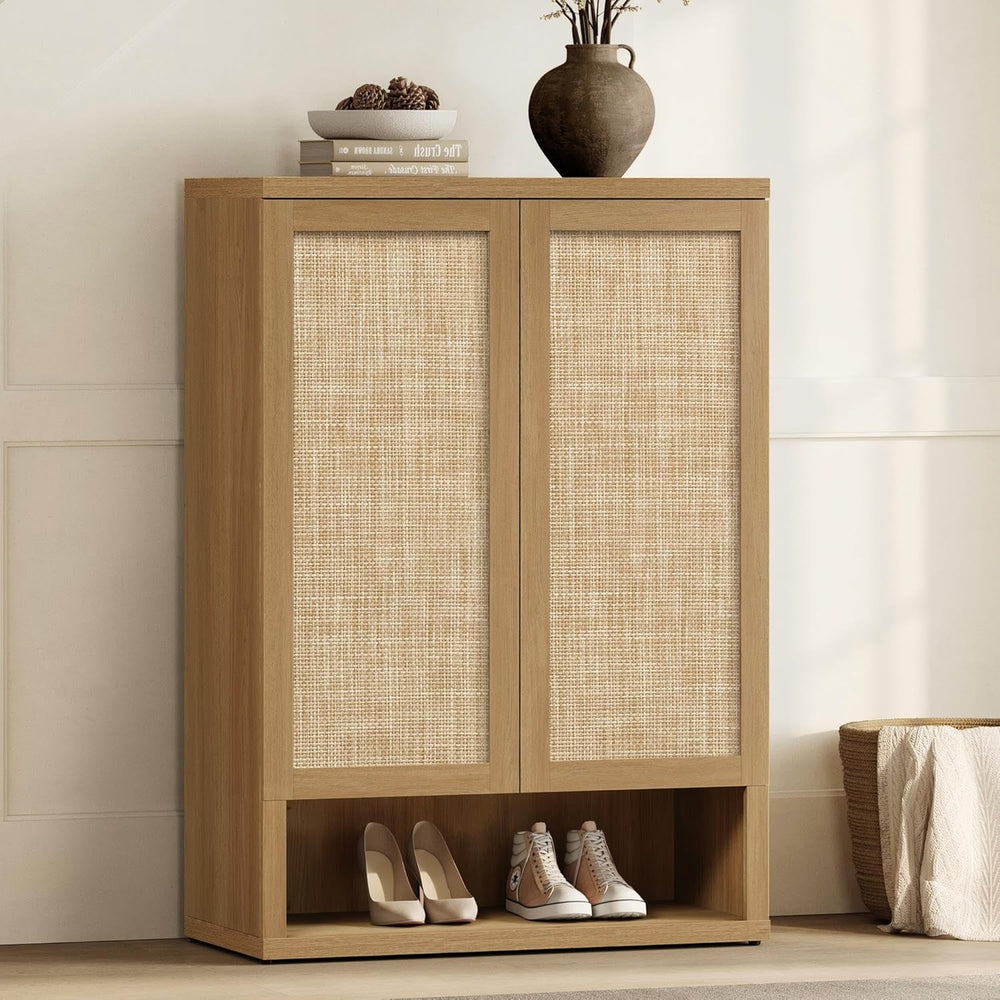 SICOTAS 31.2" Wide Rattan Shoe Storage Cabinet for Entryway with 2 Doors
