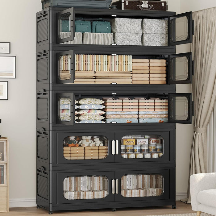 250Gal Extra Large Stackable Storage Bins with Lid & Wheels & Doors, 200QT/50GAL 5-Tiers Collapsible Closet Organizers Plastic Containers Boxes Drawers for Home Kitchen Bedroom, Black