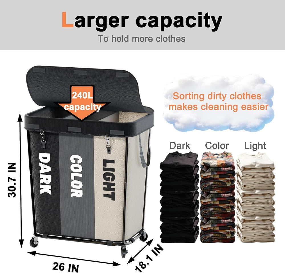 Laundry Sorter with Wheels 240L Rolling Laundry Cart,3 Compartment Designed R...