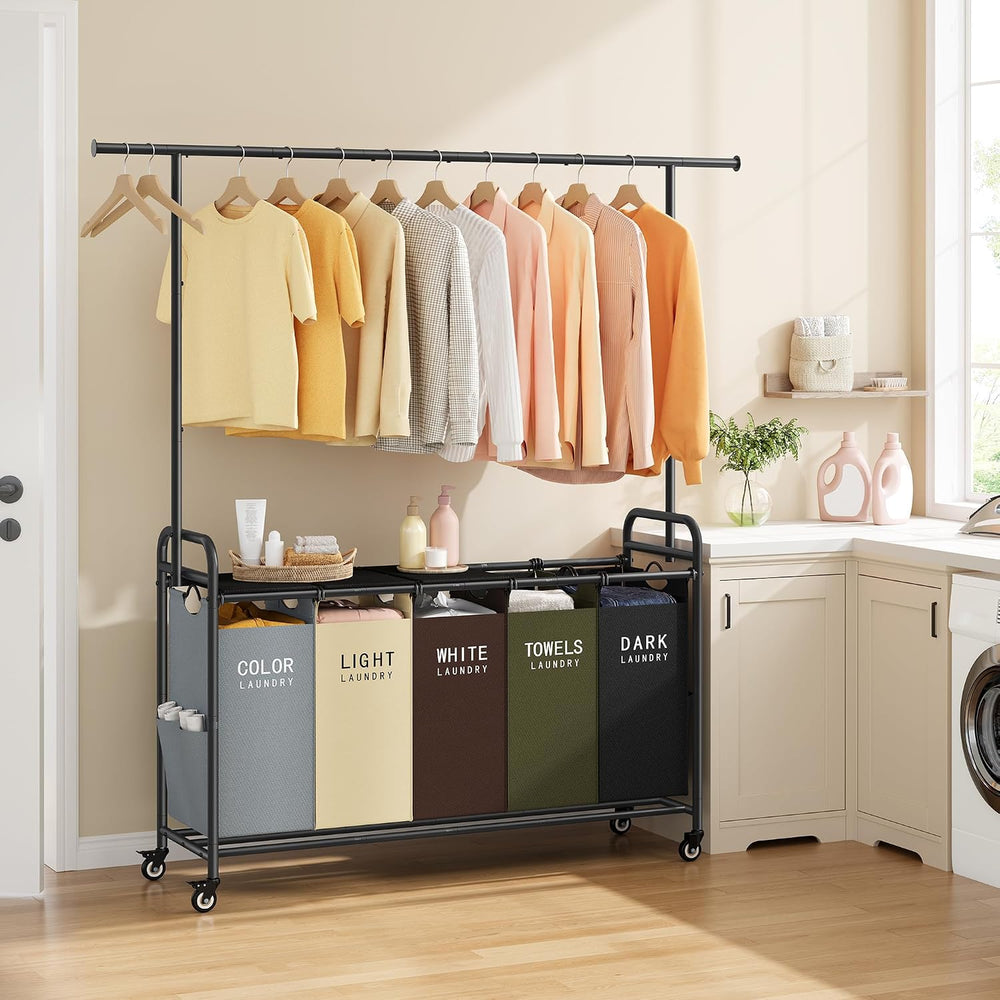 Tajsoon Laundry Sorter with Hanging Rod and Lid, 5 Section, 246L, 5 Colors