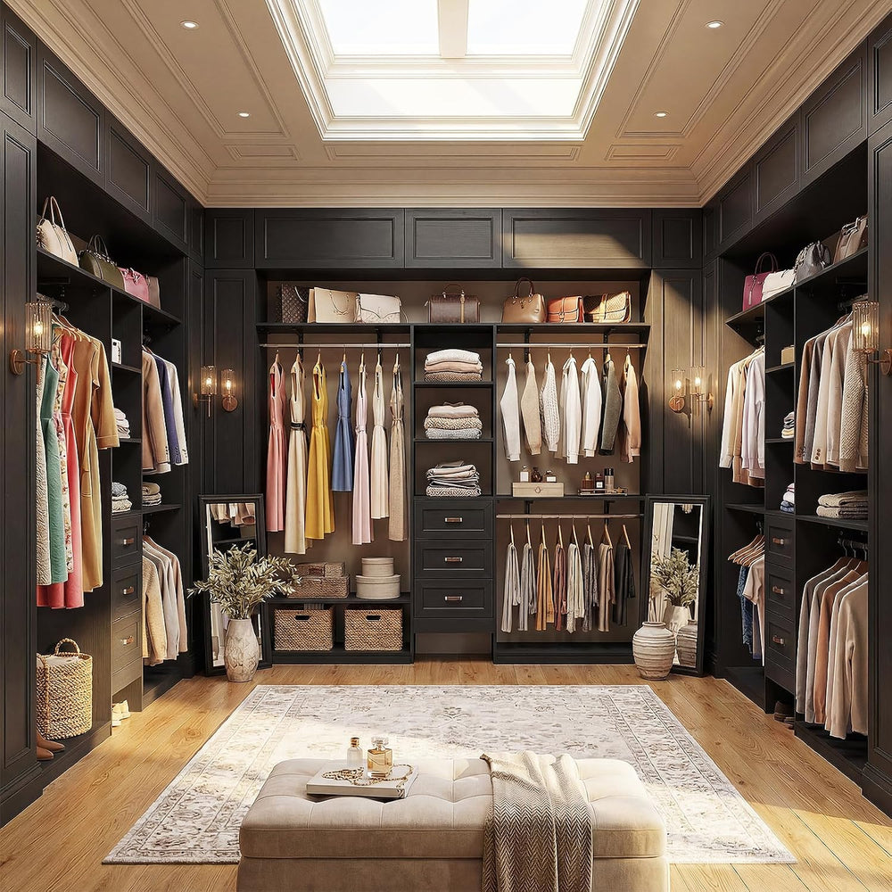 8FT Closet System with 3 Curved Drawers, 96'' Wooden Walk-in Closet O...