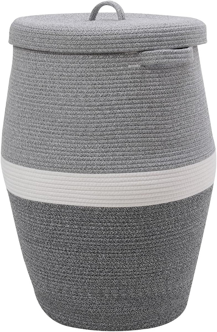 26"x20" Extra Large Tall Woven Laundry Basket with Lid, Cotton Rope Blanket Storage Basket, Freestanding Decorative Bin for Bedroom Living Room, Dual Grey