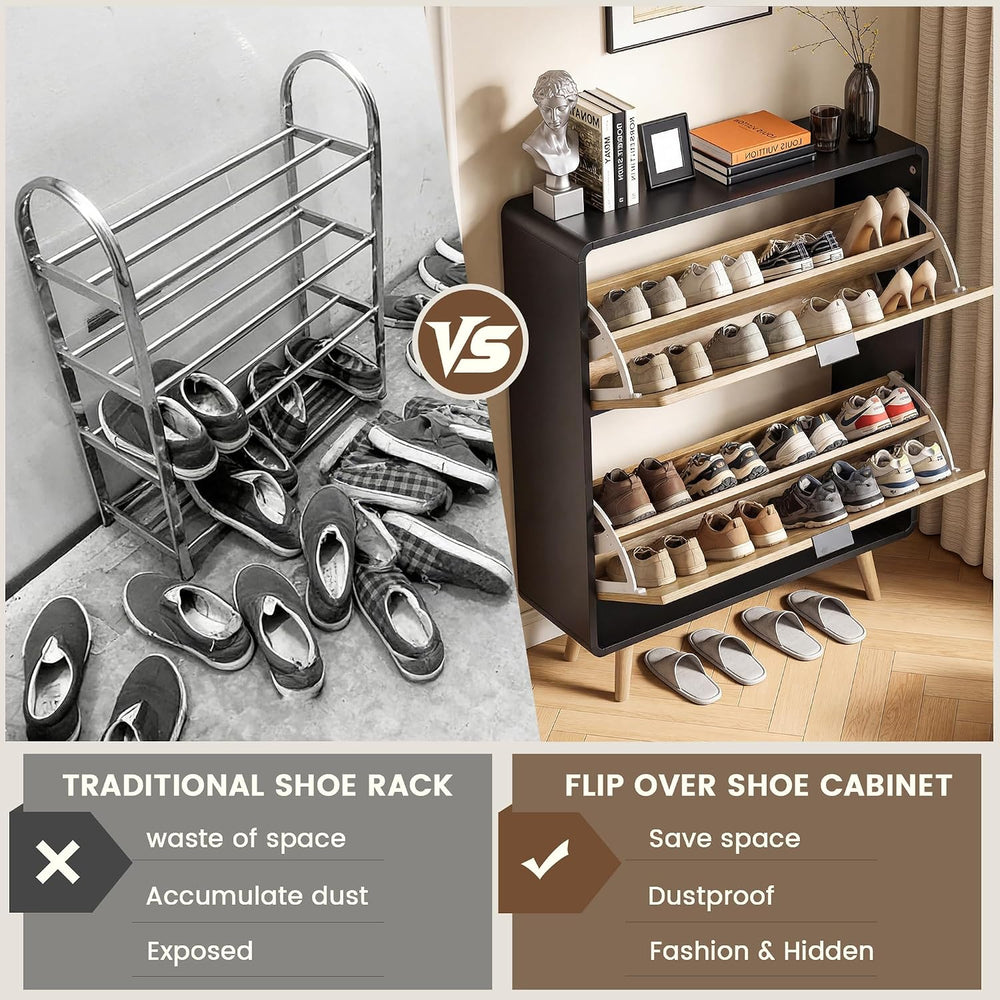 FurSch Fluted Shoe Storage Cabinet with 2 Flip Drawers, Narrow Shoe Rack Cabi...