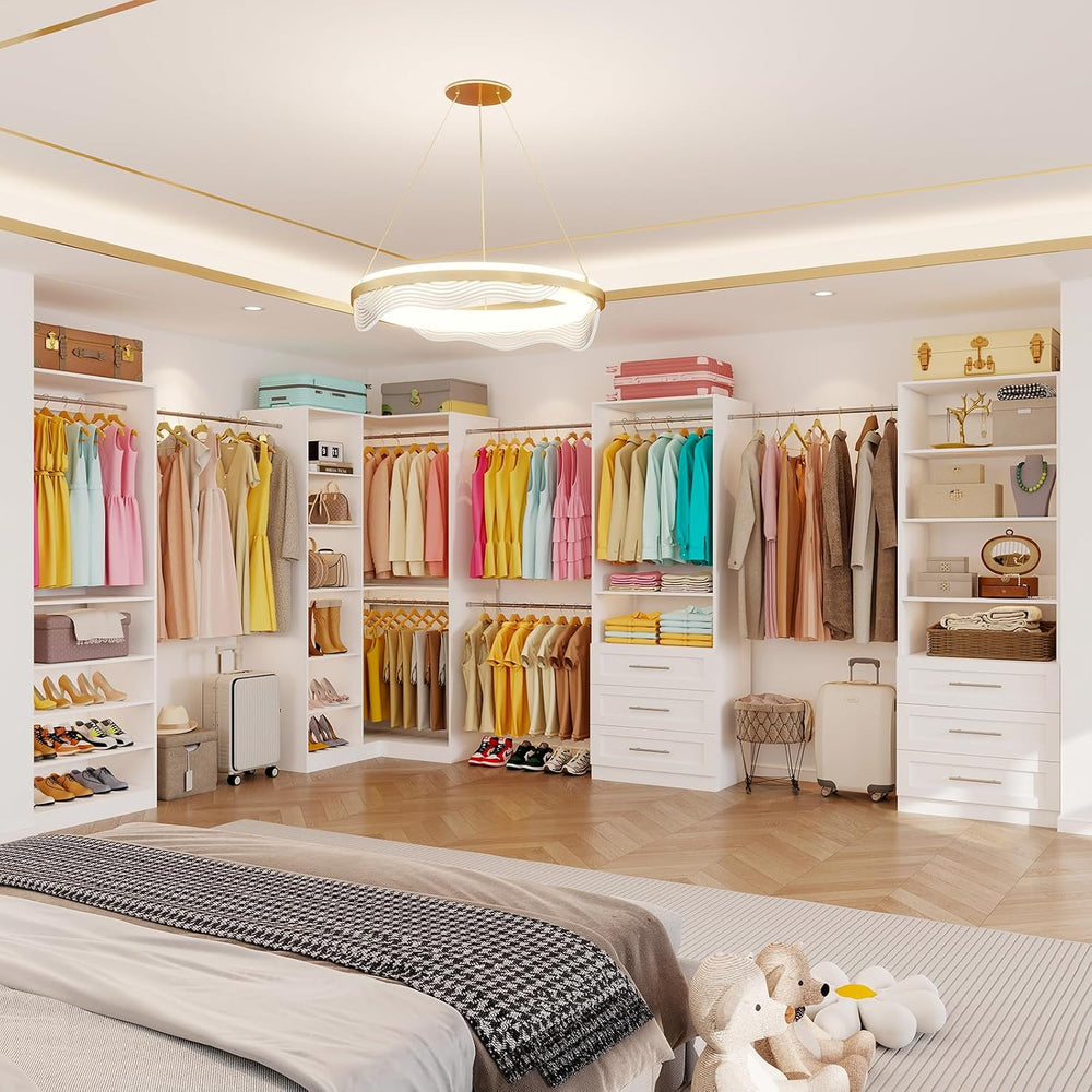 Closet System with 6 Drawers, Corner Closet System with 15 Shelves & 8 Ha...