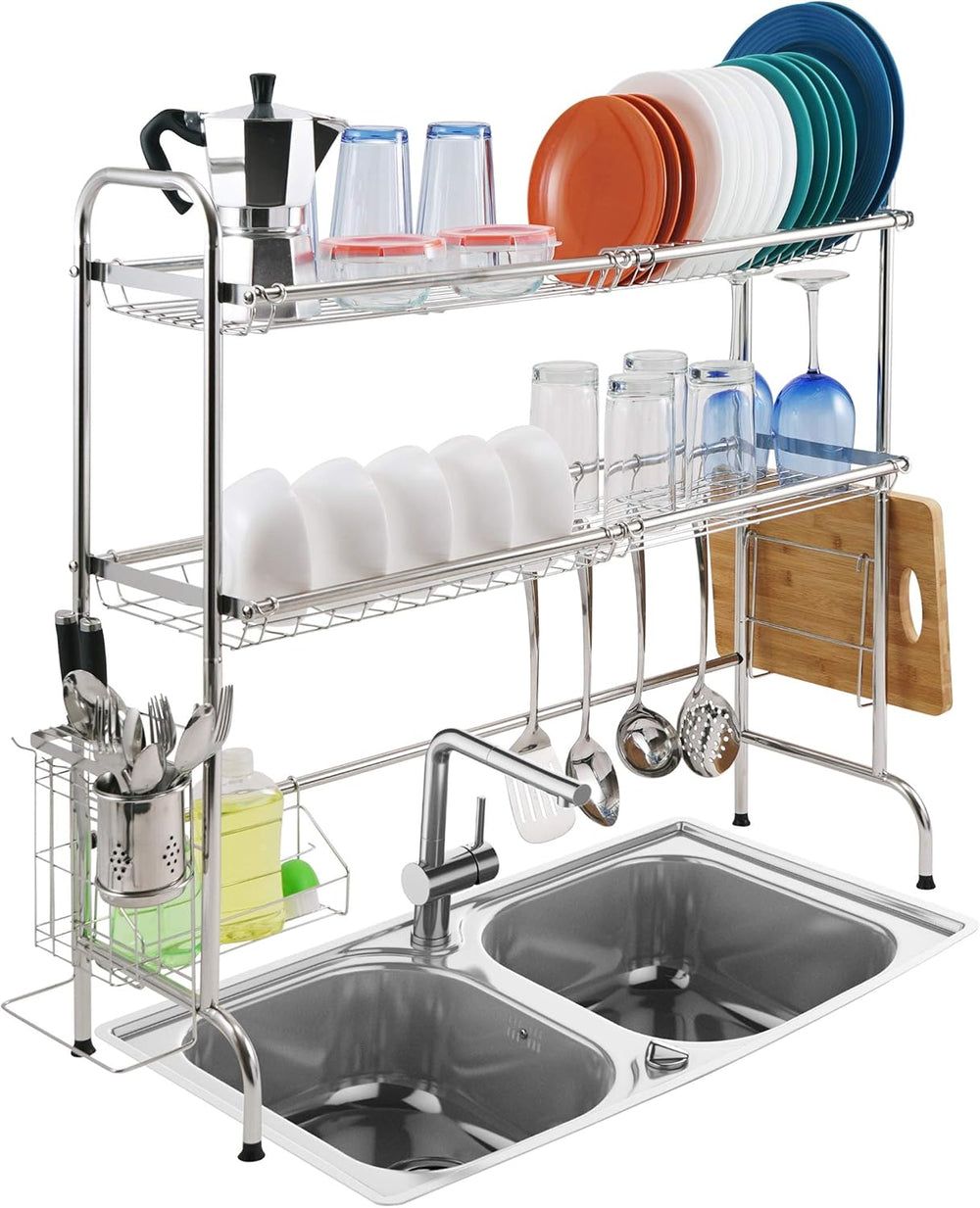 2 Tier Over The Sink Dish Drying Rack, Large Kitchen Counter Utensil Drainer ...