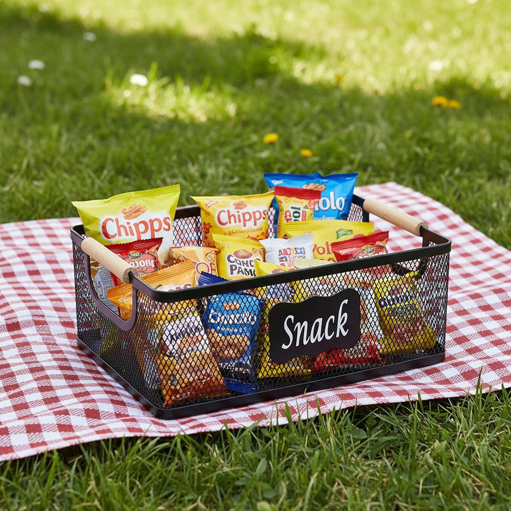 Snack Organizer, 2 Pack Metal Mesh Snack Basket with Wooden Handles, Snack Bi...