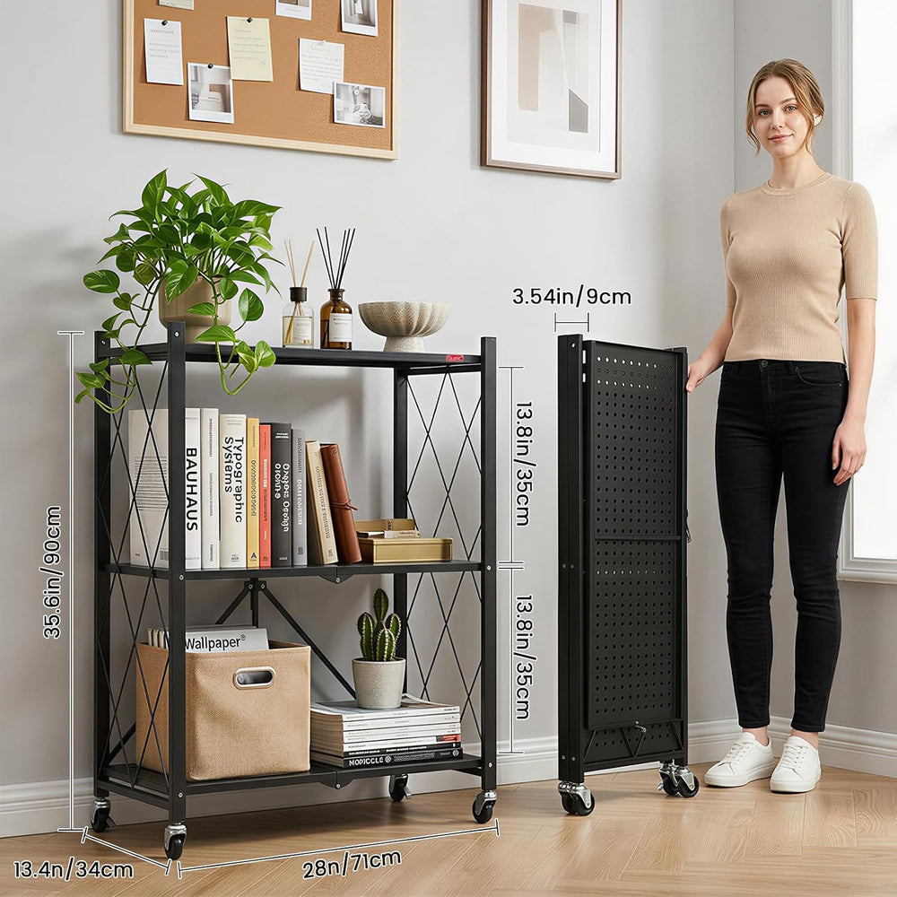DEANIC 3 Tier Foldable Storage Shelves with Wheels, Kitchen Appliance Stand, ...