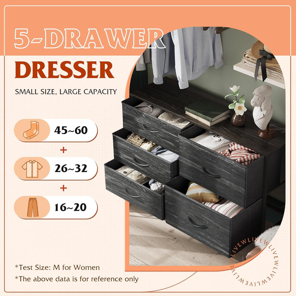 WLIVE Black Dresser for Bedroom, 5 Fabric Chest of Drawers
