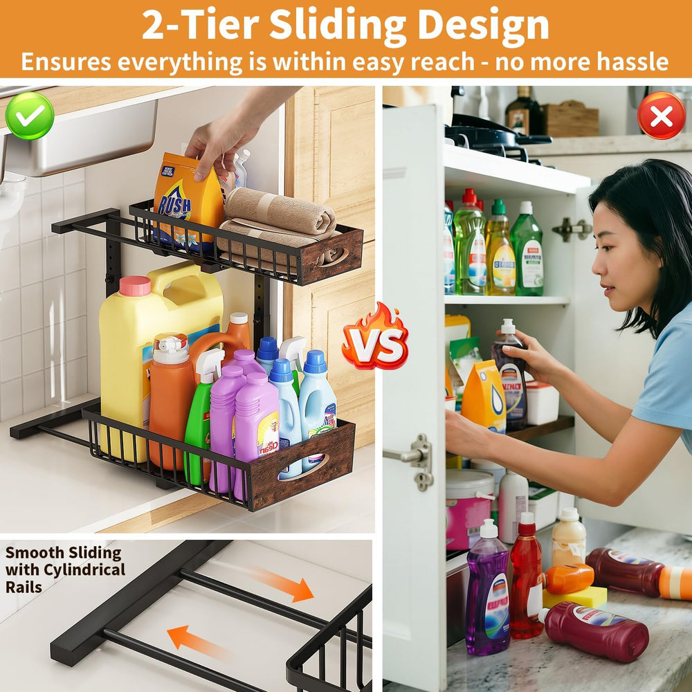 2-Tier Under Sink Organizer with Wooden Drawer Handle, 2 Pack Adjustable Heig...