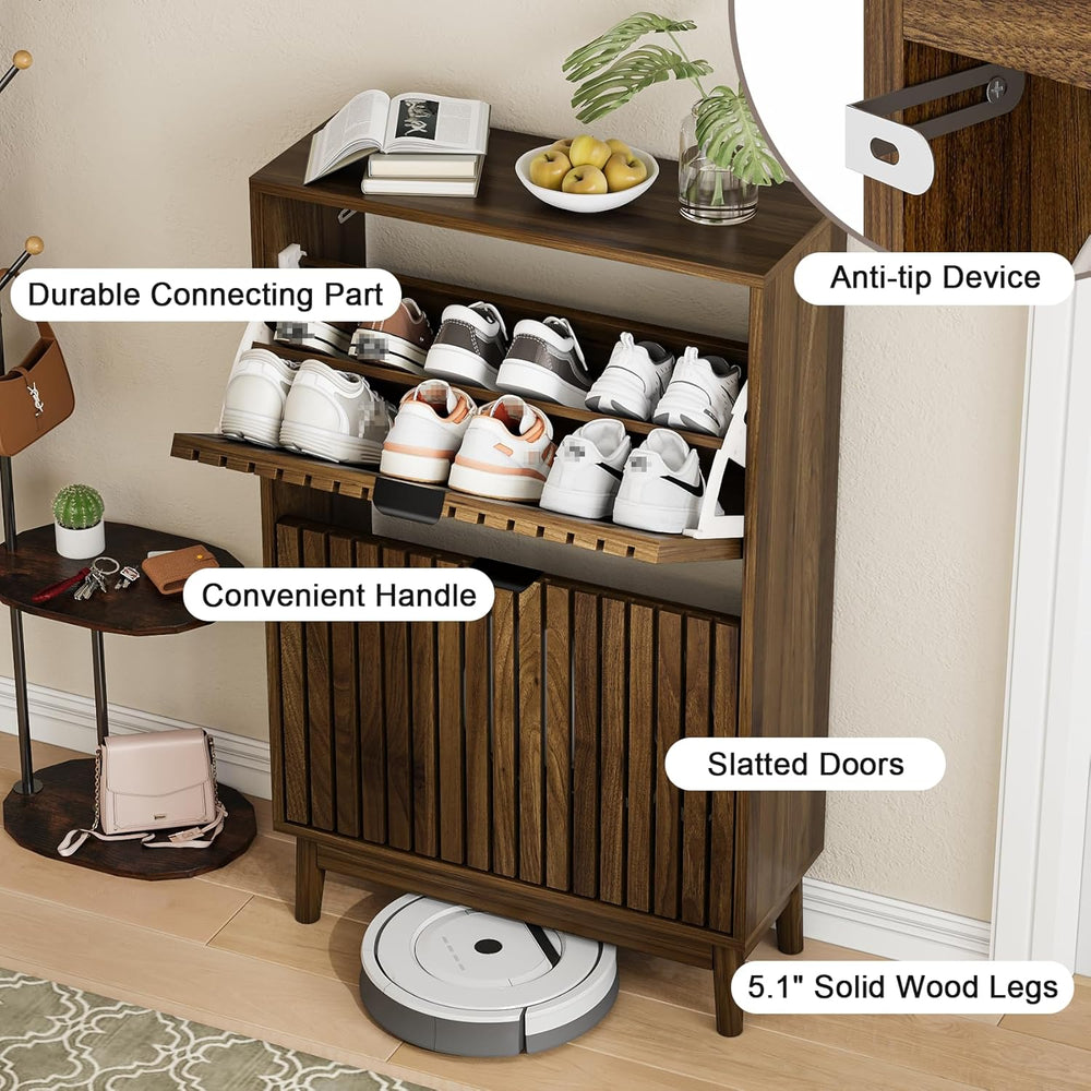 Shoe Cabinet, Shoe Storage Cabinet for Entryway with 2 Slatted Flip Drawers, ...