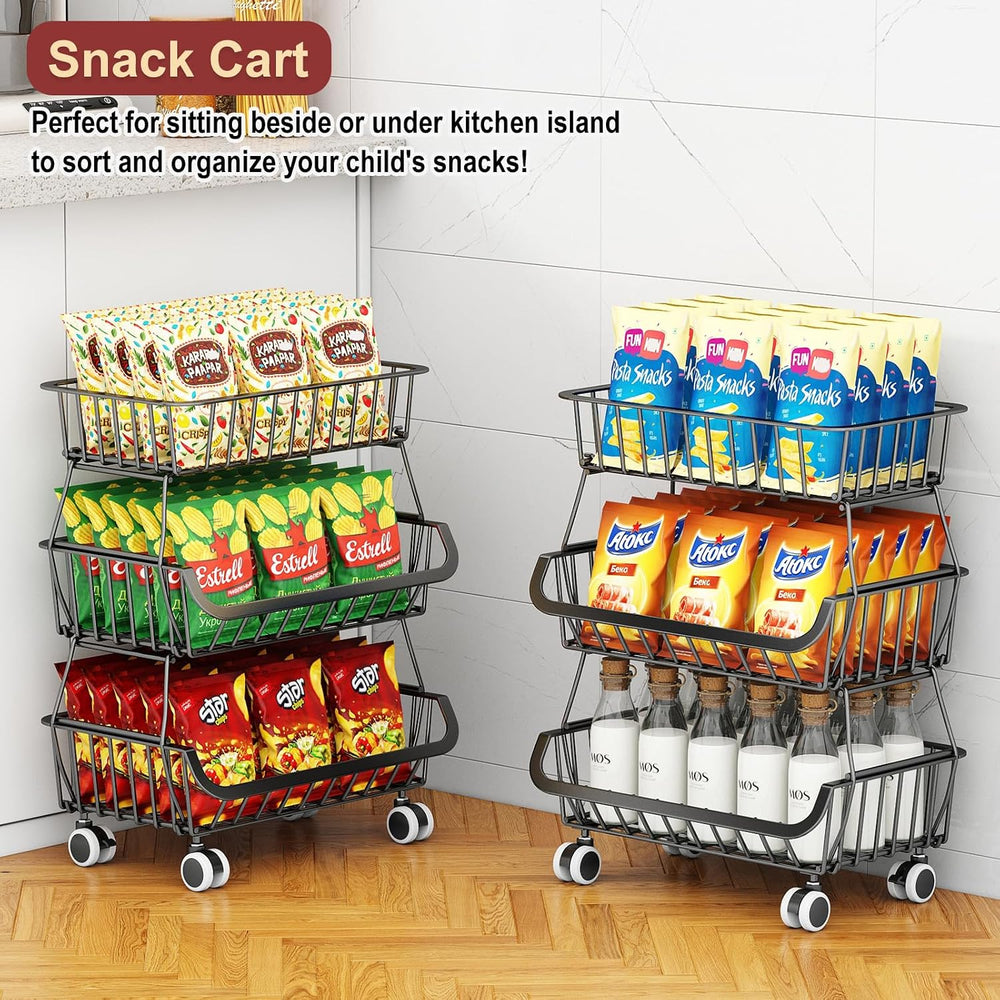 3-Tier Rolling Pantry Cart with Wheels, Stackable Wire Storage Floor Organize...