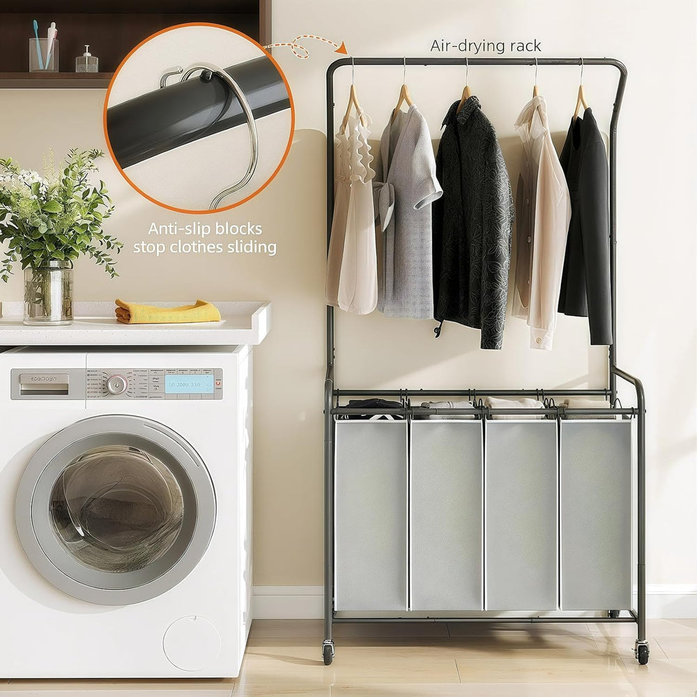ROMOON Laundry Hamper Sorter Cart, 4 Section Organizer with Hanging Bar