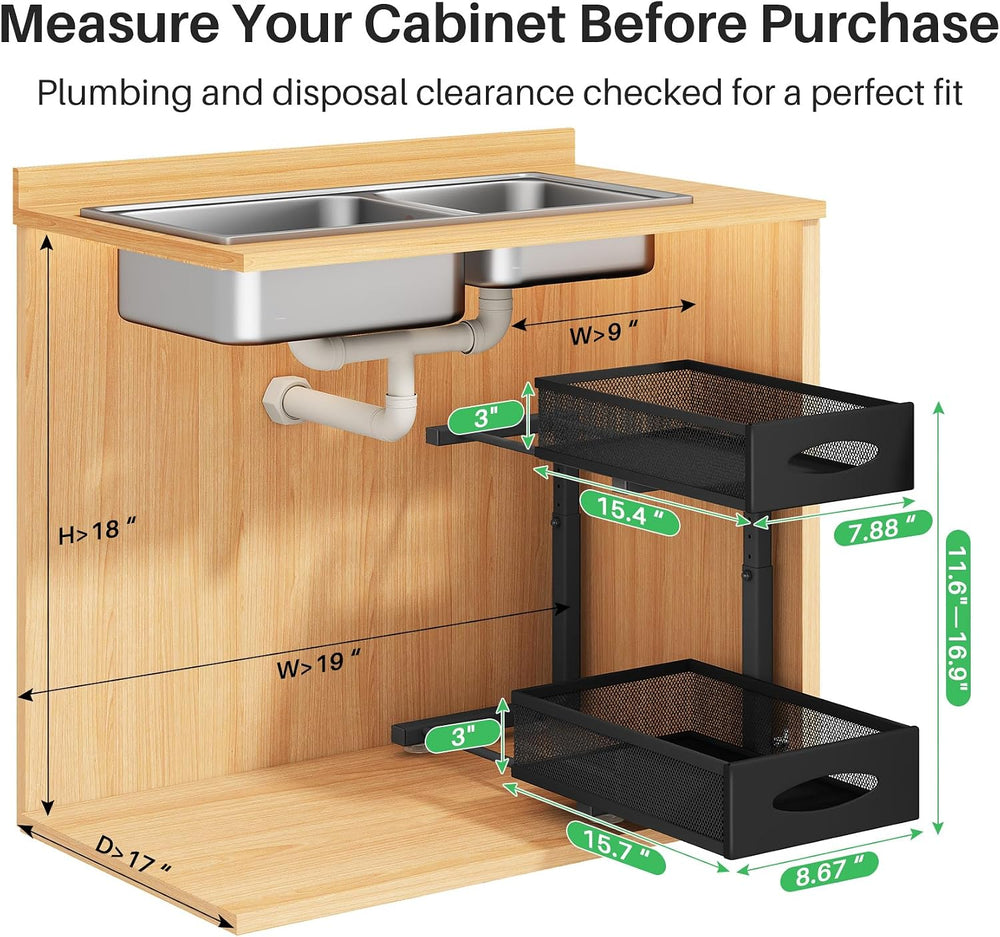Under Sink Organizer, 2 Tier Pull out Cabinet Organizer Baskets with Mesh Sli...