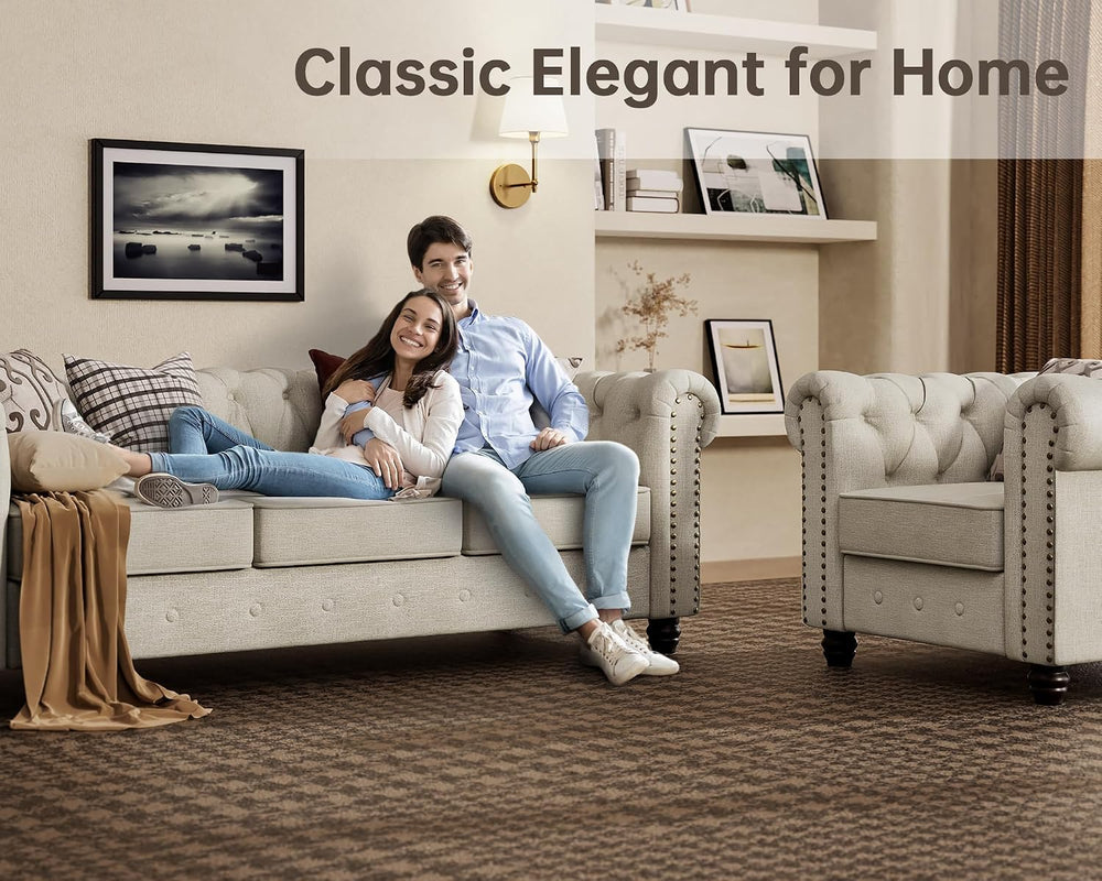 Morden Fort 3 Piece Classic Chesterfield 6-Seater Set, Tufted Chair & Lov...