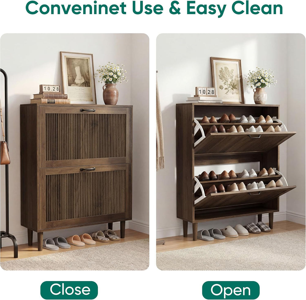 Smuxee Walnut Shoe Cabinet with 2 Flip Drawers, 31.5" Hidden Shoe Storag...