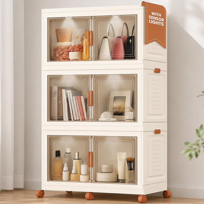 FINCHESCLUB 568QT/141GAL 3 Tier Stackable Storage Bins, Foldable Cabinets with Wheels, Doors and Motion Sensor Lights, Collapsible Closet Storage Organizer, 3 Pack Cubes, Off White