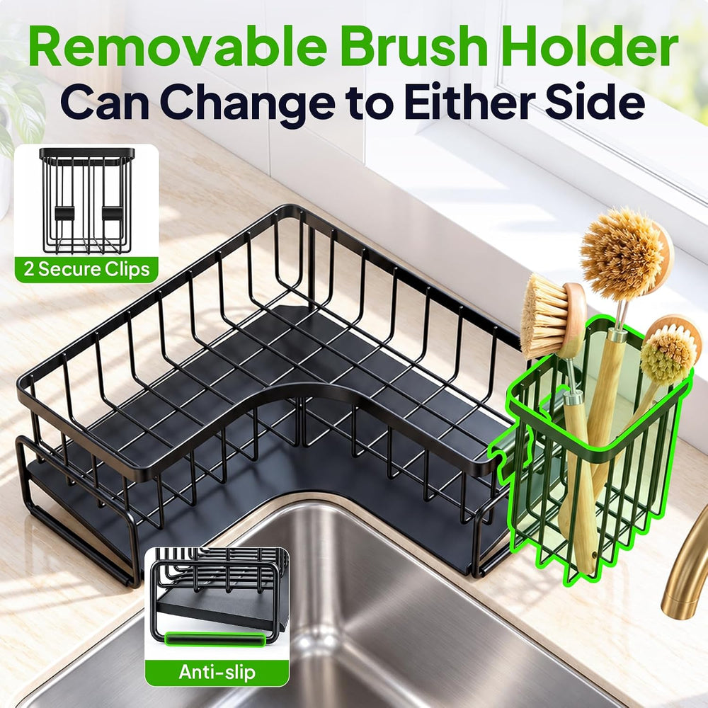 Large Sponge Holder for Kitchen Sink: L-Shaped Sink Caddy with Brush Holder